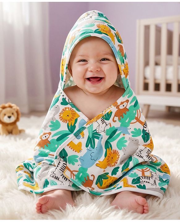 Babyhug Cotton Knit Hooded Wrapper With Jungle Theme Print L 73 x B 72 cm - White