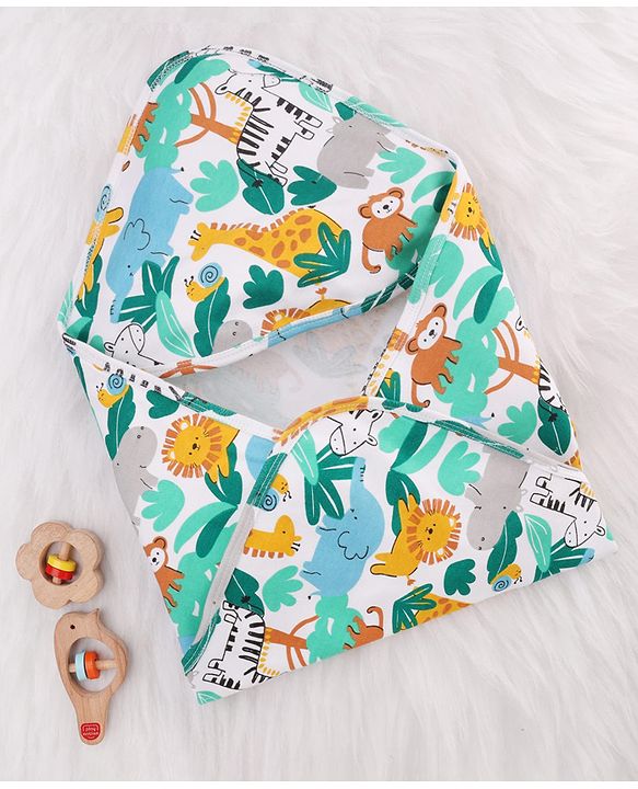 Babyhug Cotton Knit Hooded Wrapper With Jungle Theme Print L 73 x B 72 cm - White