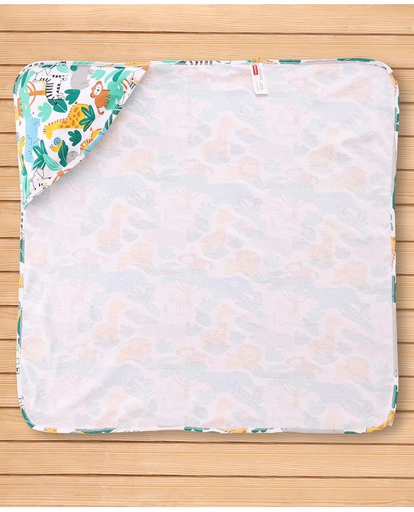 Babyhug Cotton Knit Hooded Wrapper With Jungle Theme Print L 73 x B 72 cm - White