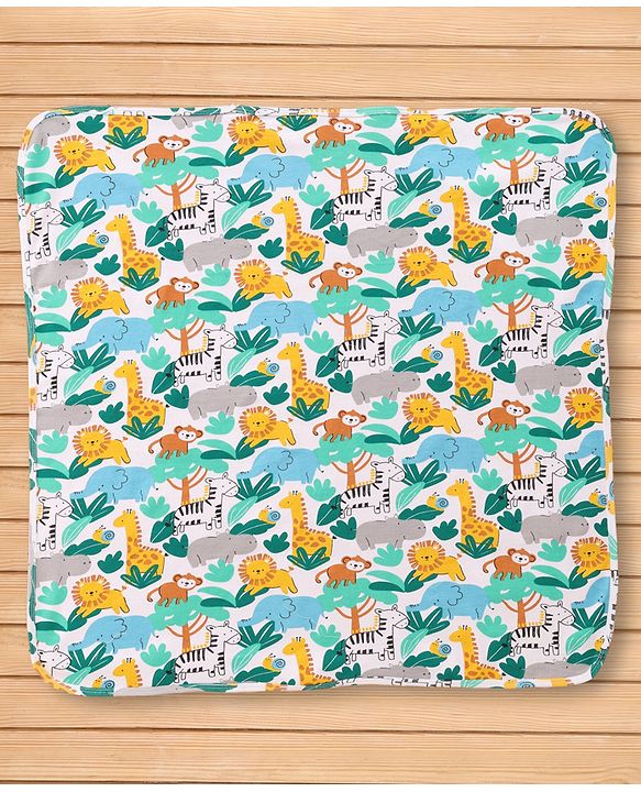 Babyhug Cotton Knit Hooded Wrapper With Jungle Theme Print L 73 x B 72 cm - White