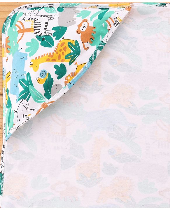 Babyhug Cotton Knit Hooded Wrapper With Jungle Theme Print L 73 x B 72 cm - White