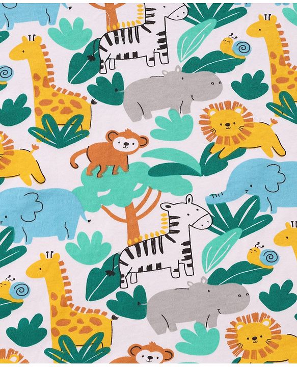 Babyhug Cotton Knit Hooded Wrapper With Jungle Theme Print L 73 x B 72 cm - White