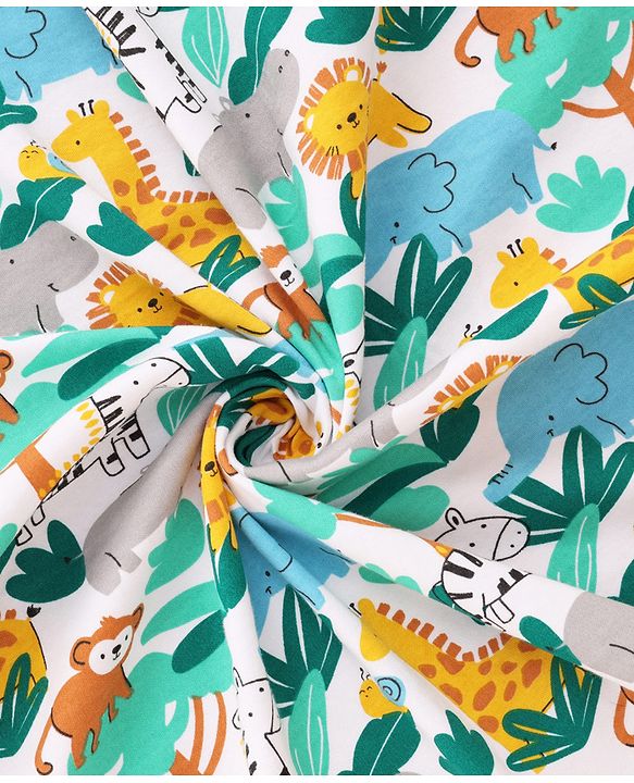 Babyhug Cotton Knit Hooded Wrapper With Jungle Theme Print L 73 x B 72 cm - White