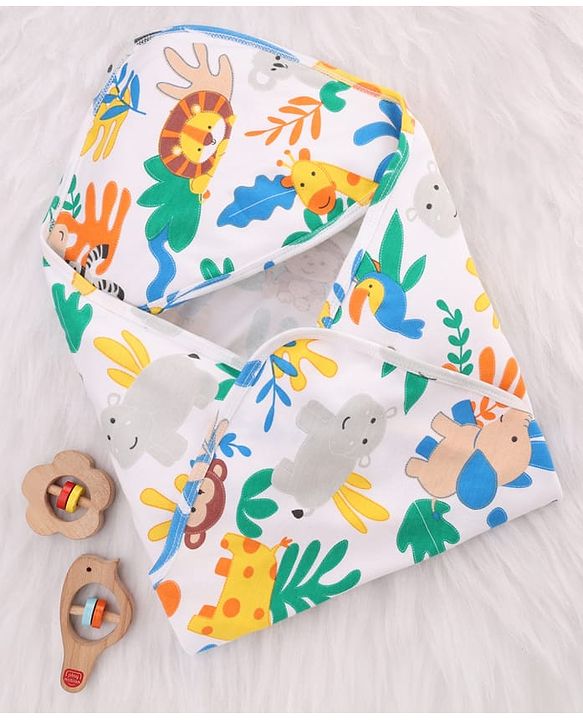 Babyhug Cotton Knit Hooded Wrapper With Jungle Theme Print L 73 x B 72 cm - White
