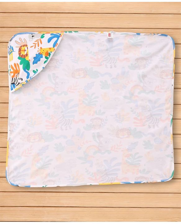Babyhug Cotton Knit Hooded Wrapper With Jungle Theme Print L 73 x B 72 cm - White