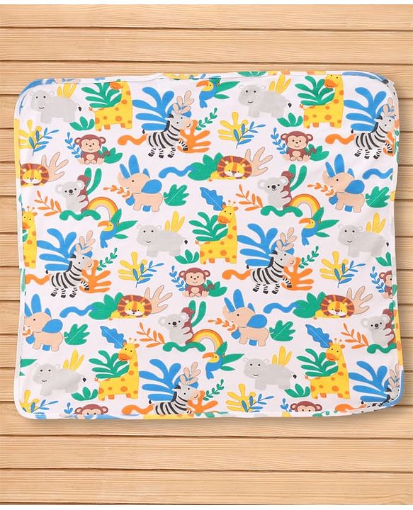 Babyhug Cotton Knit Hooded Wrapper With Jungle Theme Print L 73 x B 72 cm - White