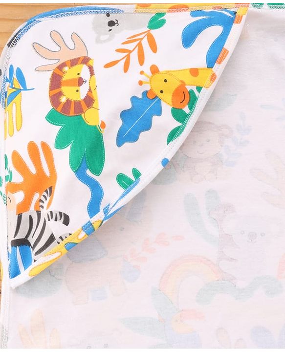 Babyhug Cotton Knit Hooded Wrapper With Jungle Theme Print L 73 x B 72 cm - White