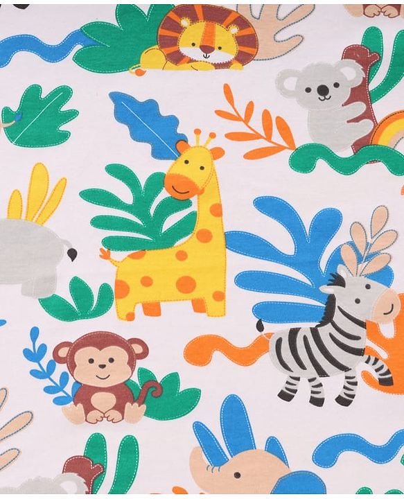 Babyhug Cotton Knit Hooded Wrapper With Jungle Theme Print L 73 x B 72 cm - White