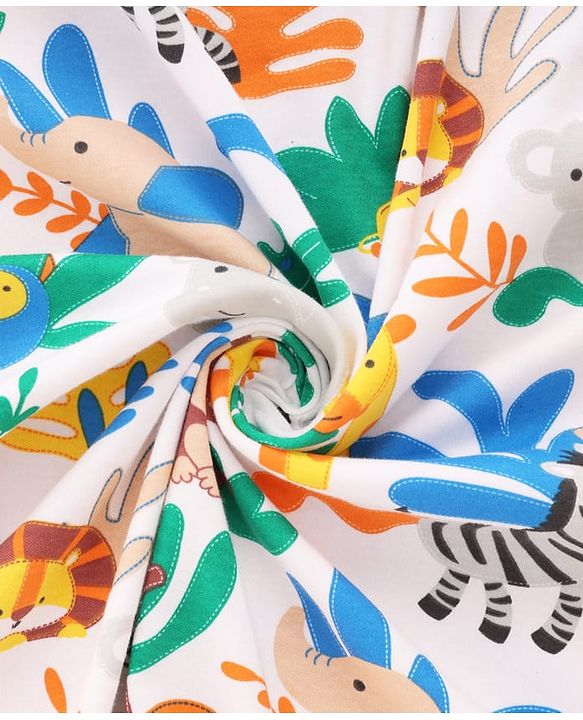 Babyhug Cotton Knit Hooded Wrapper With Jungle Theme Print L 73 x B 72 cm - White