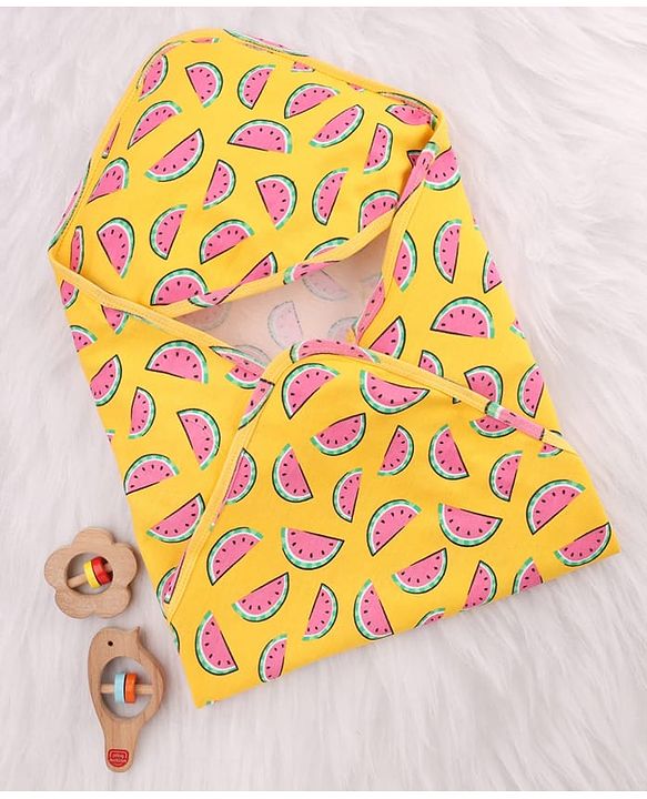 Babyhug Cotton Knit Hooded Wrapper With Watermelon Print L 73 x B 72 cm - Yellow