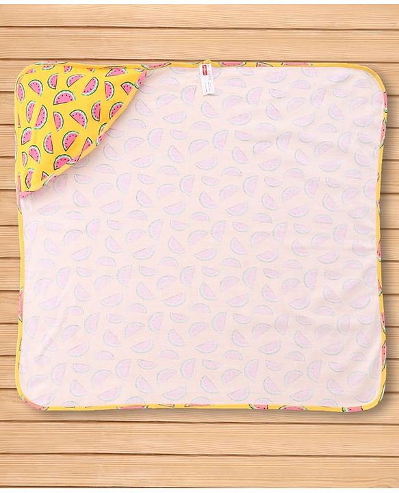 Babyhug Cotton Knit Hooded Wrapper With Watermelon Print L 73 x B 72 cm - Yellow