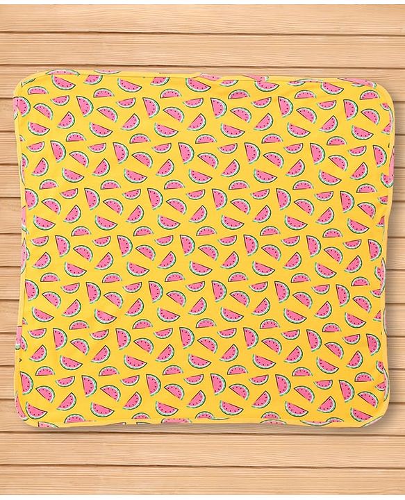 Babyhug Cotton Knit Hooded Wrapper With Watermelon Print L 73 x B 72 cm - Yellow
