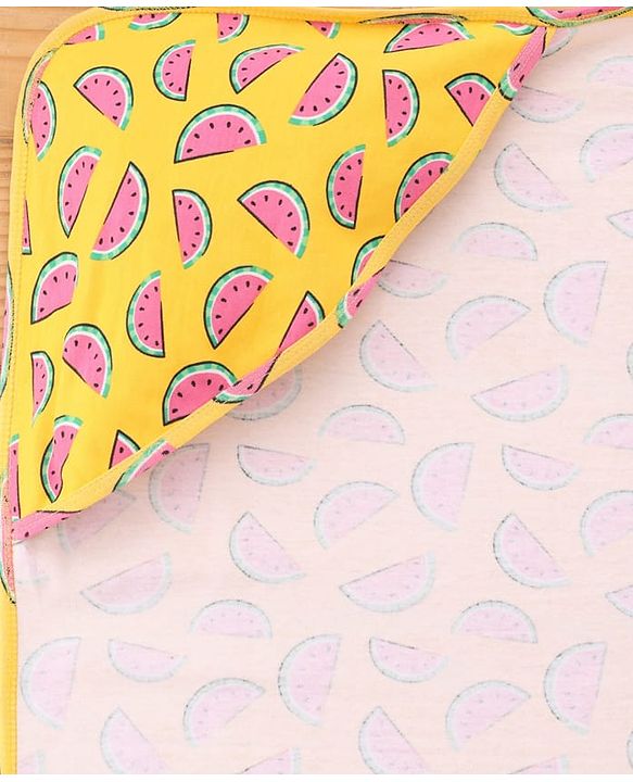 Babyhug Cotton Knit Hooded Wrapper With Watermelon Print L 73 x B 72 cm - Yellow