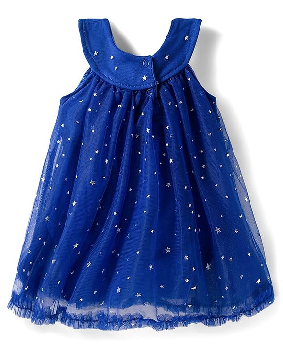 Babyhug 100% Cotton Knit Sleeveless Onesies With Floral Applique & Star Print - Blue