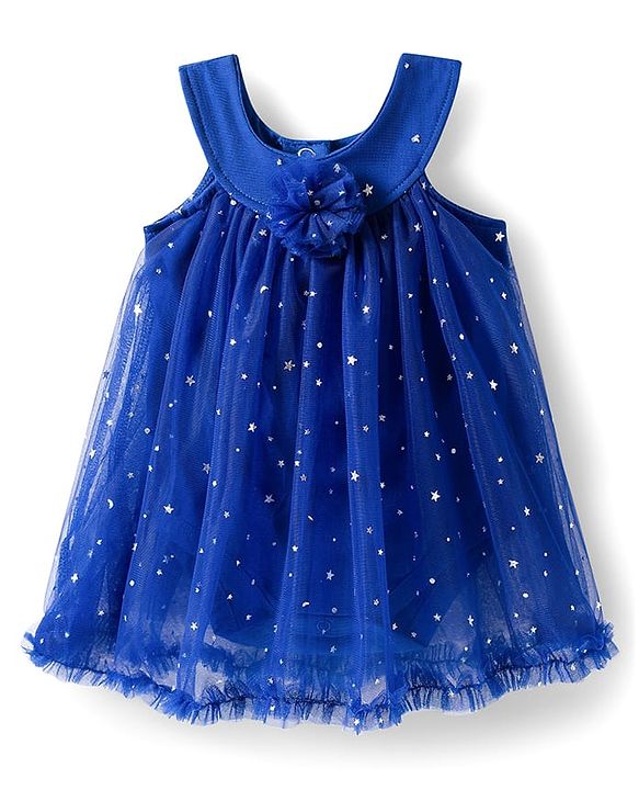 Babyhug 100% Cotton Knit Sleeveless Onesies With Floral Applique & Star Print - Blue