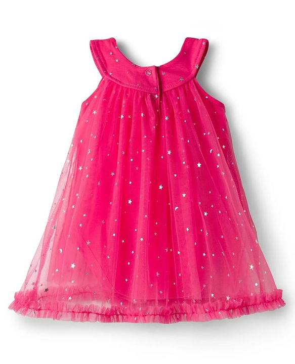 Babyhug 100 % Cotton Knit Sleeveless Frock Style Onesie with Glitter Detailing & Floral Applique - Red