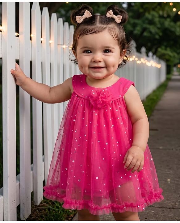 Babyhug 100 % Cotton Knit Sleeveless Frock Style Onesie with Glitter Detailing & Floral Applique - Red