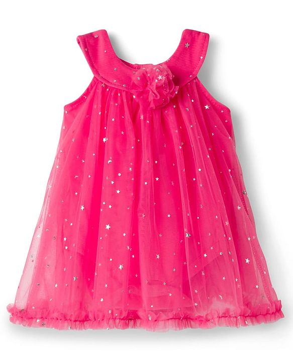 Babyhug 100 % Cotton Knit Sleeveless Frock Style Onesie with Glitter Detailing & Floral Applique - Red