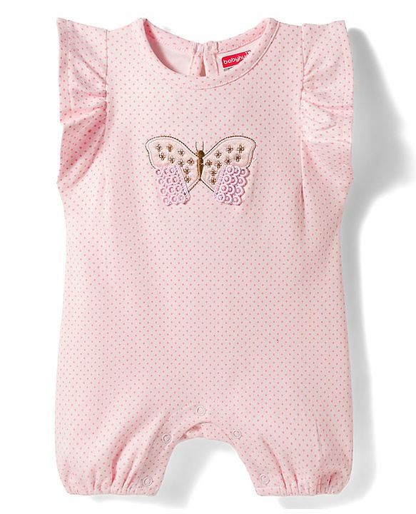 Babyhug 100% Cotton Interlock Knit Half Sleeves Romper With Polka Dots Print & Butterfly Embroidery - Baby Pink