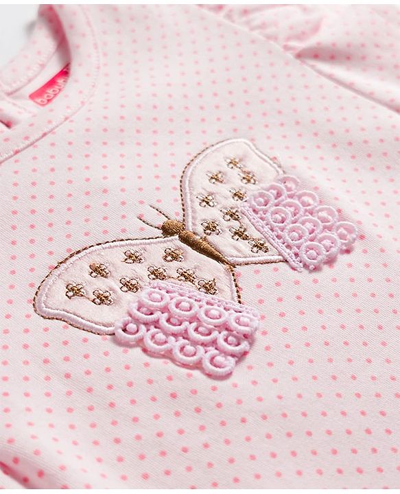 Babyhug 100% Cotton Interlock Knit Half Sleeves Romper With Polka Dots Print & Butterfly Embroidery - Baby Pink