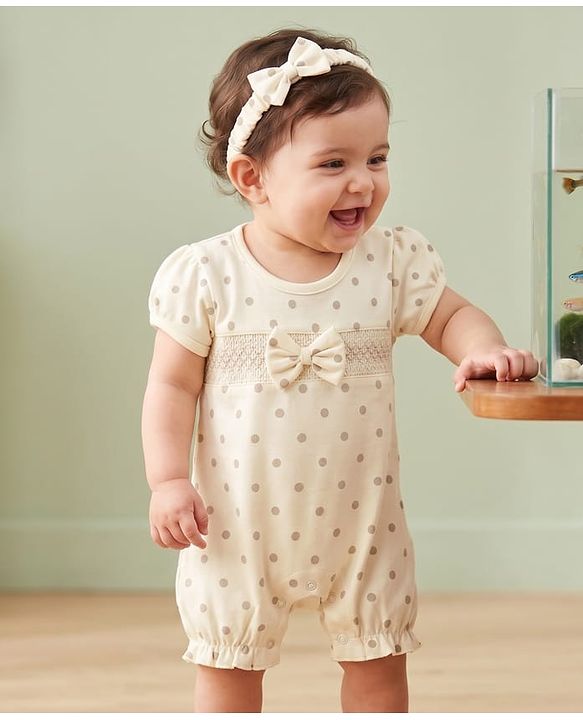 Babyhug 100% Cotton Knit Half Puffed Sleeves Polka Dot Printed Romper with Hairband & Bow Applique - Light Brown