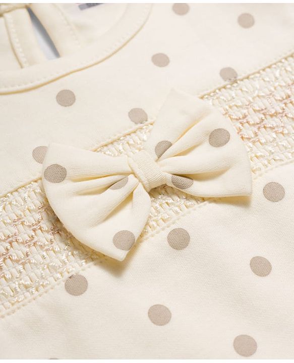 Babyhug 100% Cotton Knit Half Puffed Sleeves Polka Dot Printed Romper with Hairband & Bow Applique - Light Brown