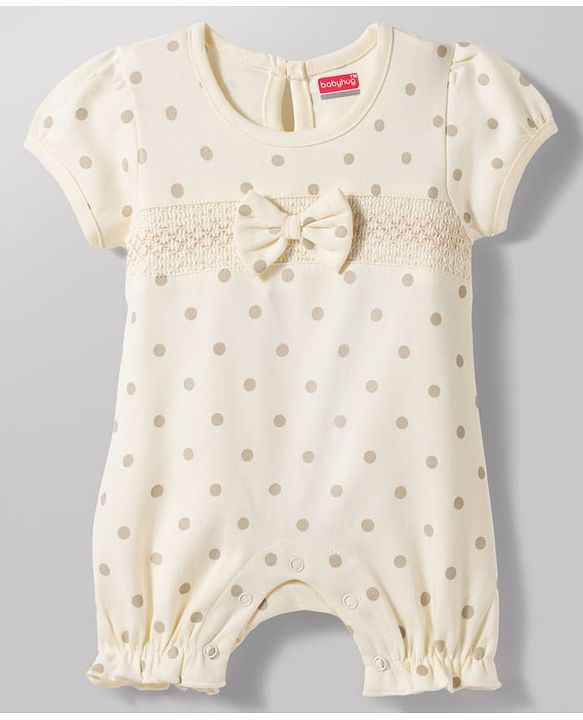 Babyhug 100% Cotton Knit Half Puffed Sleeves Polka Dot Printed Romper with Hairband & Bow Applique - Light Brown