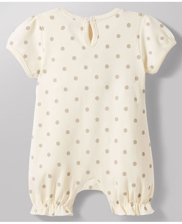 Babyhug 100% Cotton Knit Half Puffed Sleeves Polka Dot Printed Romper with Hairband & Bow Applique - Light Brown