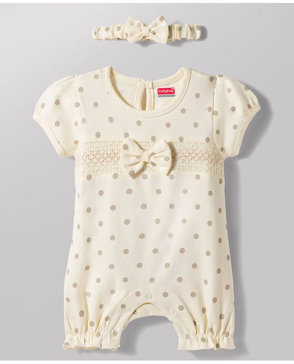 Babyhug 100% Cotton Knit Half Puffed Sleeves Polka Dot Printed Romper with Hairband & Bow Applique - Light Brown