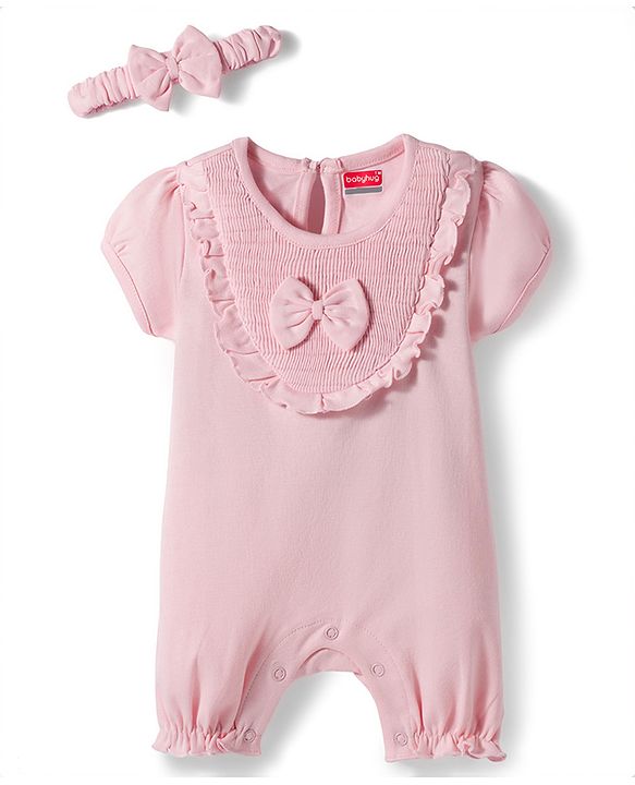 Babyhug 100 % Cotton Knit Half Sleeves Romper With Bow Applique & Headband - Baby Pink