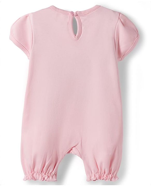 Babyhug 100 % Cotton Knit Half Sleeves Romper With Bow Applique & Headband - Baby Pink
