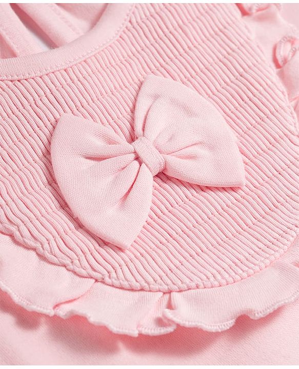 Babyhug 100 % Cotton Knit Half Sleeves Romper With Bow Applique & Headband - Baby Pink