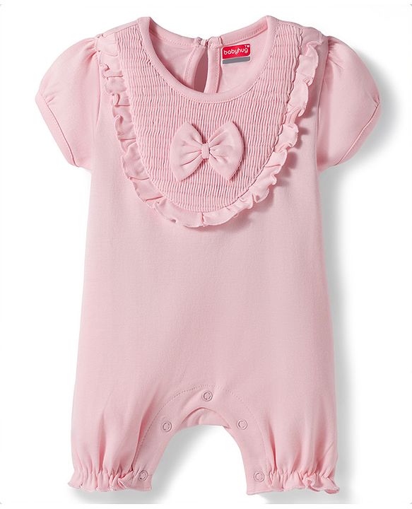 Babyhug 100 % Cotton Knit Half Sleeves Romper With Bow Applique & Headband - Baby Pink
