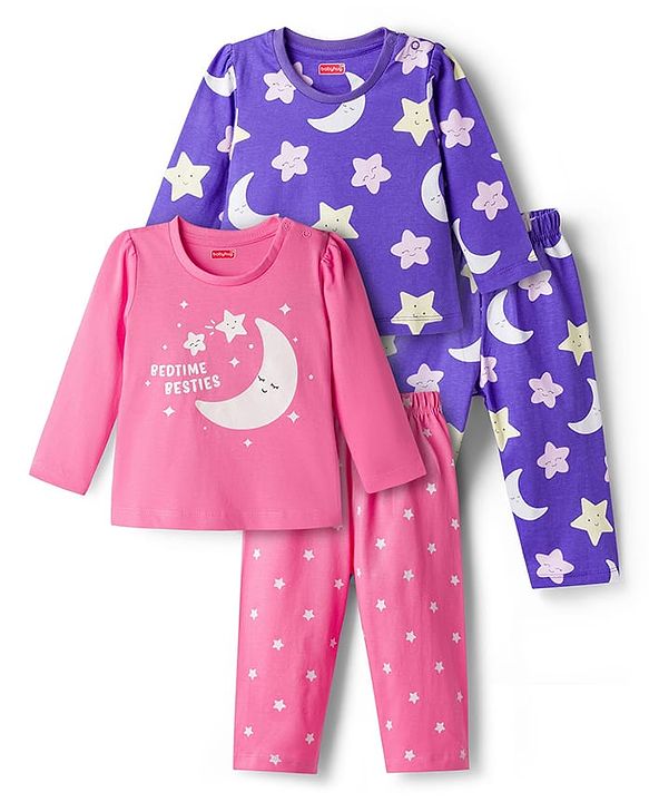 Babyhug 100% Cotton Knit Full Sleeves Moon & Star Printed Pyjama Night Suit Pack Of 2 - Pink & Purple