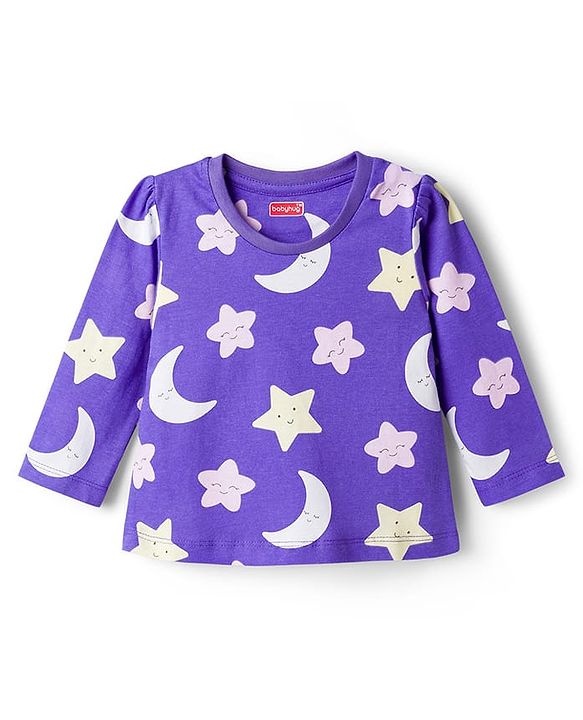 Babyhug 100% Cotton Knit Full Sleeves Moon & Star Printed Pyjama Night Suit Pack Of 2 - Pink & Purple