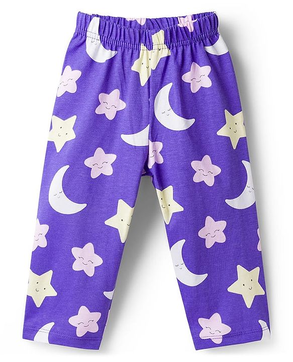 Babyhug 100% Cotton Knit Full Sleeves Moon & Star Printed Pyjama Night Suit Pack Of 2 - Pink & Purple