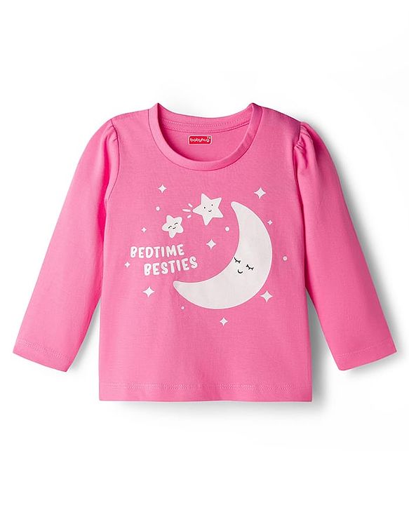 Babyhug 100% Cotton Knit Full Sleeves Moon & Star Printed Pyjama Night Suit Pack Of 2 - Pink & Purple