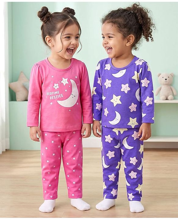 Babyhug 100% Cotton Knit Full Sleeves Moon & Star Printed Pyjama Night Suit Pack Of 2 - Pink & Purple