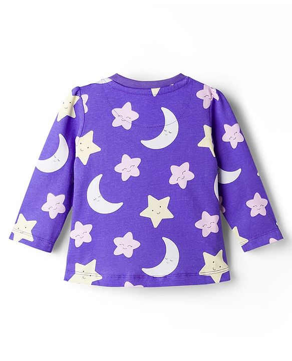 Babyhug 100% Cotton Knit Full Sleeves Moon & Star Printed Pyjama Night Suit Pack Of 2 - Pink & Purple