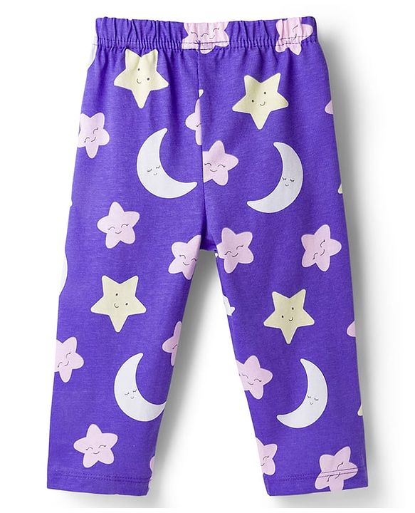 Babyhug 100% Cotton Knit Full Sleeves Moon & Star Printed Pyjama Night Suit Pack Of 2 - Pink & Purple