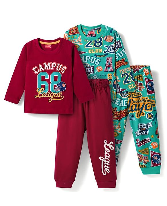 Babyhug 100% Cotton Knit Full Sleeves Sports Theme Printed Co-Ords T-Shirt & Pyjama Night Suits Pack Of 2 - Multicolour