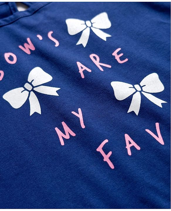 Babyhug Cotton Knit Cap Sleeves T-Shirt with Bow & Text Print - Blue