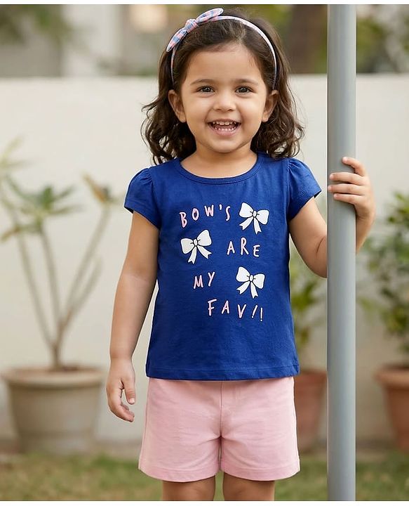 Babyhug Cotton Knit Cap Sleeves T-Shirt with Bow & Text Print - Blue