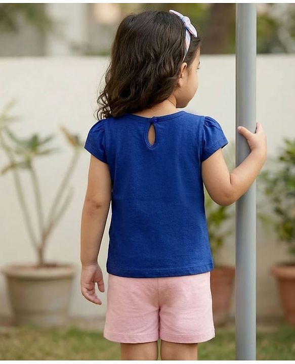 Babyhug Cotton Knit Cap Sleeves T-Shirt with Bow & Text Print - Blue