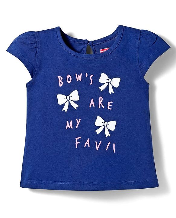 Babyhug Cotton Knit Cap Sleeves T-Shirt with Bow & Text Print - Blue