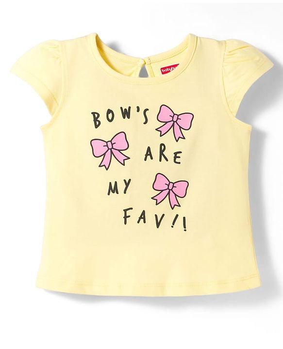 Babyhug Cotton Knit Cap Sleeves T-Shirt with Bow & Text Print - Peach