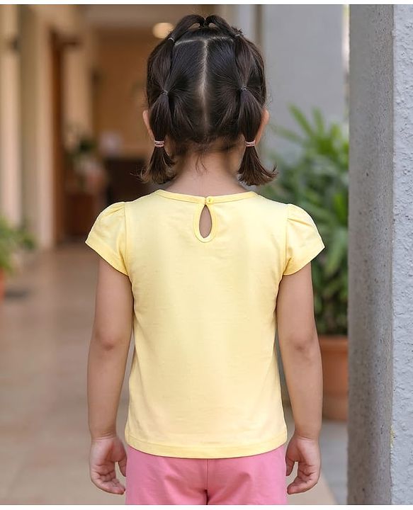 Babyhug Cotton Knit Cap Sleeves T-Shirt with Bow & Text Print - Peach