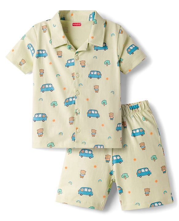 Babyhug Cotton Knit Half Sleeves Vehicles & Bear Printed Co-Ords Shirt & Shorts Night Suit - Light Green