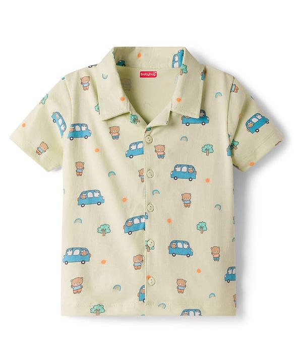 Babyhug Cotton Knit Half Sleeves Vehicles & Bear Printed Co-Ords Shirt & Shorts Night Suit - Light Green