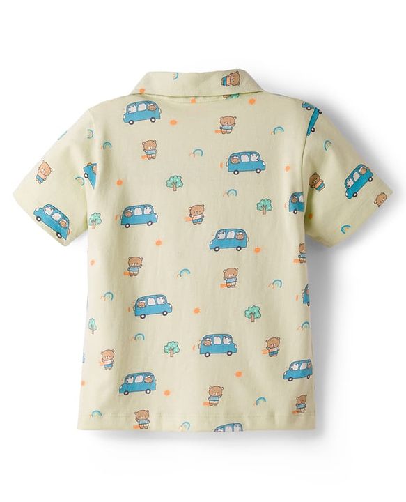 Babyhug Cotton Knit Half Sleeves Vehicles & Bear Printed Co-Ords Shirt & Shorts Night Suit - Light Green